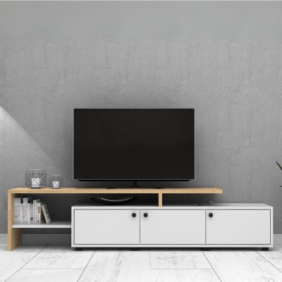 Έπιπλο τηλεόρασης Amadeo χρώμα λευκό - φυσικό οξιάς 197,5x35x46cm.