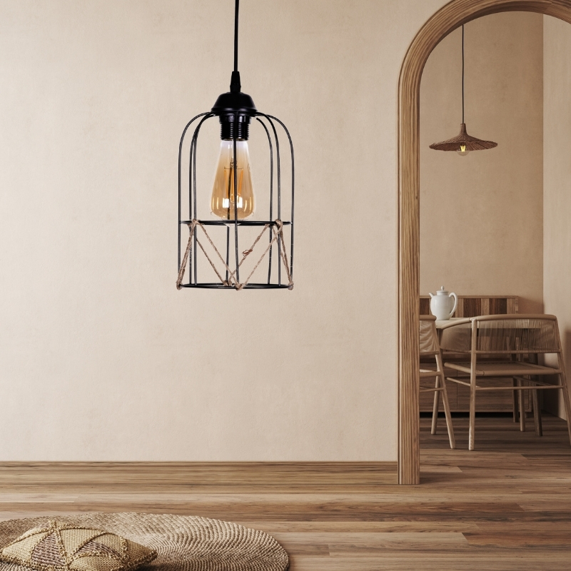 Φωτιστικό οροφής Art Maison Shizuru E27 μεταλλικό - σχοινί μονόφωτο χρώμα μαύρο Ø15x65εκ.