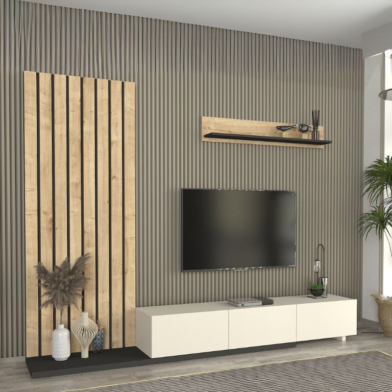 Σύνθεση τηλεόρασης Art Maison Azelf χρώμα ivory - sapphire oak - ανθρακί 260x39,4x203,6εκ.