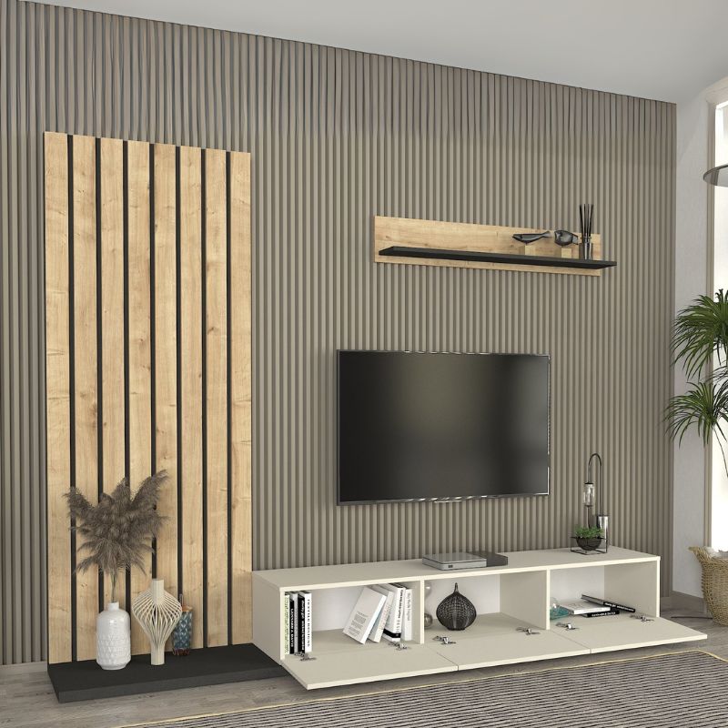 Σύνθεση τηλεόρασης Art Maison Azelf χρώμα ivory - sapphire oak - ανθρακί 260x39,4x203,6εκ.