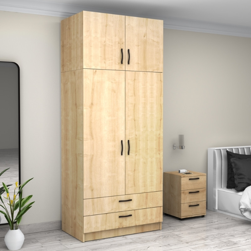 Ντουλάπα ρούχων Art Maison Aswa δίφυλλη με πατάρι και συρτάρια χρώμα φυσικό οξιάς 100x60x240εκ.