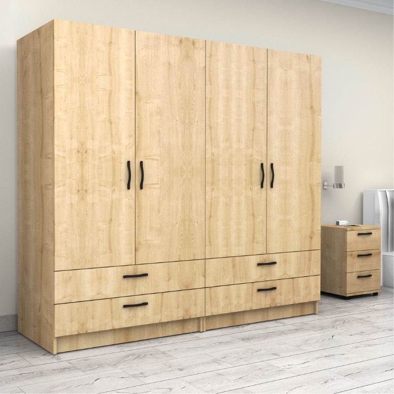 Ντουλάπα ρούχων Art Maison Fukurou τετράφυλλη με συρτάρια χρώμα φυσικό οξιάς 200x60x181εκ.