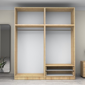 Ντουλάπα ρούχων Art Maison Gancho τετράφυλλη με πατάρι και συρτάρια χρώμα φυσικό οξιάς 200x60x240εκ.