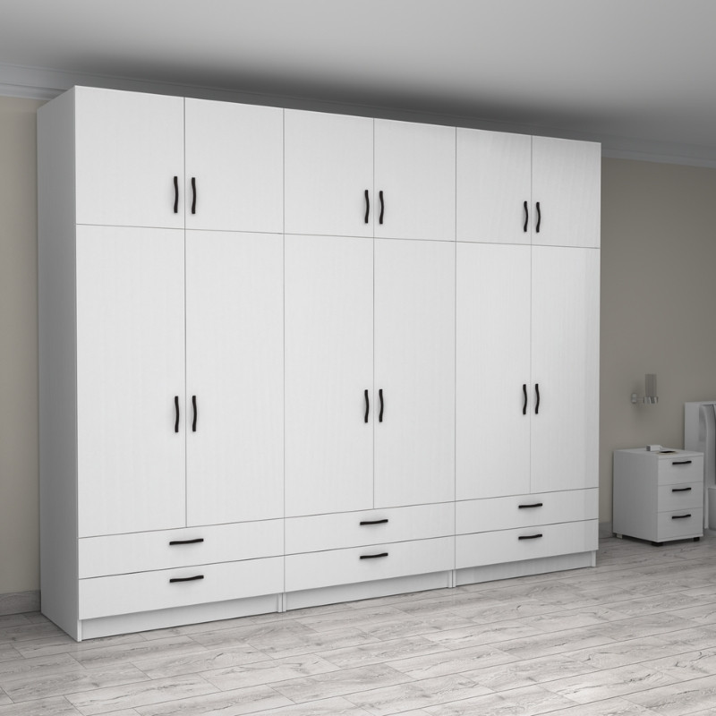 Ντουλάπα ρούχων Art Maison Galdino εξάφυλλη με πατάρι και συρτάρια χρώμα λευκό 300x60x240εκ.