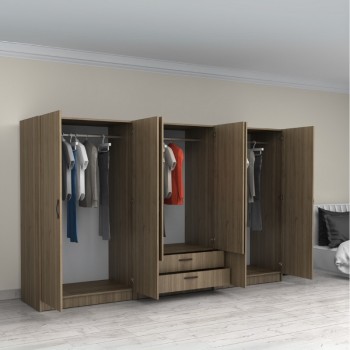 Ντουλάπα ρούχων Art Maison Gangaru εξάφυλλη με συρτάρια χρώμα καρυδί 300x60x181εκ.