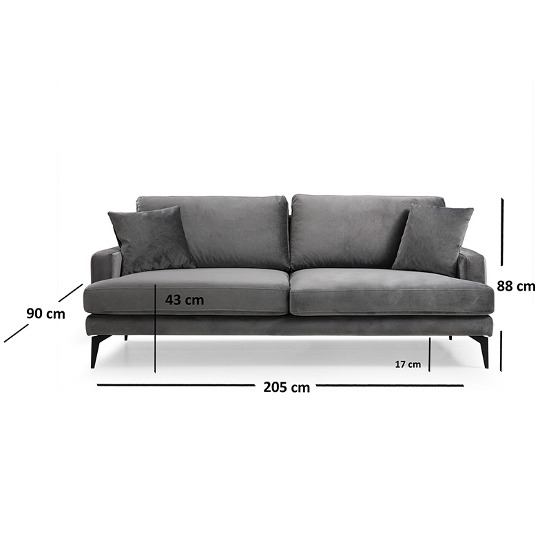 Καναπές Τριθέσιος Art Maison Austria - Charcoal Black (205x90x88εκ)