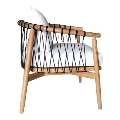 Πολυθρόνα Art Maison Bishop φυσικό teak ξύλο-μαύρο σχοινί-λευκο μαξιλάρι 80x76x72εκ