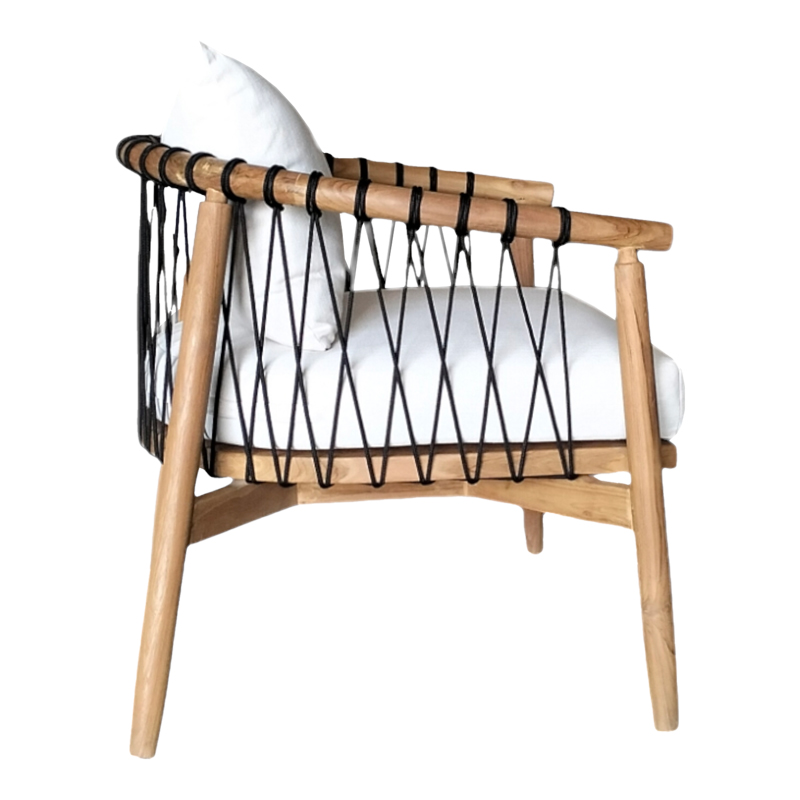 Πολυθρόνα Art Maison Bishop φυσικό teak ξύλο-μαύρο σχοινί-λευκο μαξιλάρι 80x76x72εκ