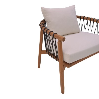 Πολυθρόνα Art Maison Bishop φυσικό teak ξύλο-μαύρο σχοινί-λευκο μαξιλάρι 80x76x72εκ