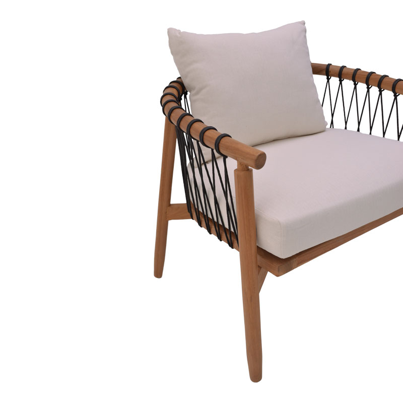 Πολυθρόνα Art Maison Bishop φυσικό teak ξύλο-μαύρο σχοινί-λευκο μαξιλάρι 80x76x72εκ