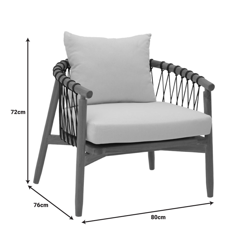 Πολυθρόνα Art Maison Bishop φυσικό teak ξύλο-μαύρο σχοινί-λευκο μαξιλάρι 80x76x72εκ